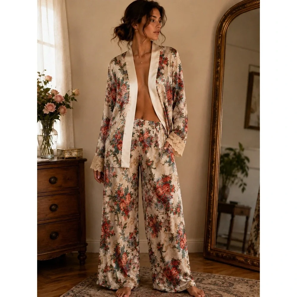 Vintage Victorias Secret Gold Label Floral Lace Robe and Pajama Pants Set P/S